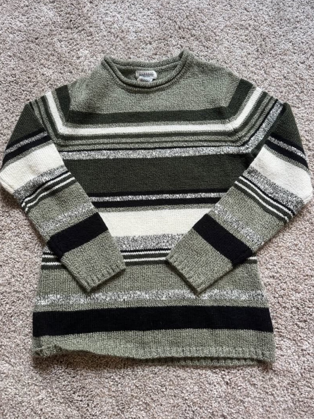 Vintage Classic Elements Olive, Cream & Black Striped Crewneck Sweater